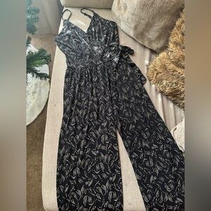 Black Leaf Print Jumpsuit